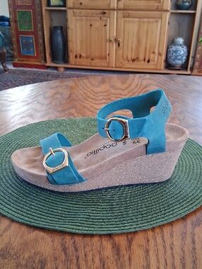 Papillio Teal Leather Ankle Strap  Comfort Cork Wedge Heel Sandals Size 37